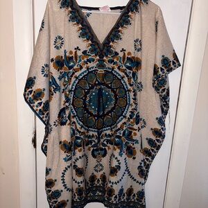 Women’s Boho V-Neck Tunic Blouse in Ivory with Teal & Mustard Print